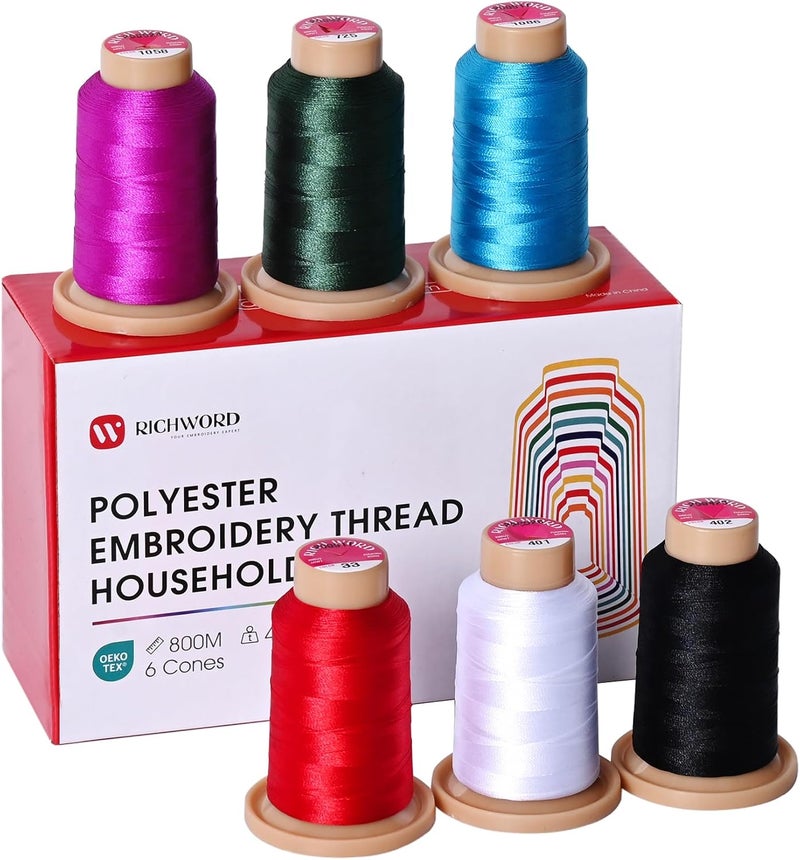 Poolin Richword Selected 800M 6 Colors Embroidery Thread, 40WT(108D/2) Polyester Thread Set for Sewing and Embroidery Machines, Starter Kit for Home Use - Image 1